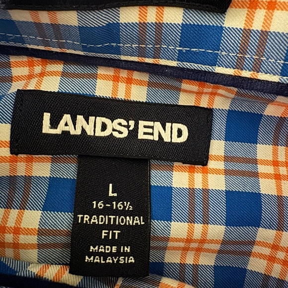 Land’s End Traditional Fit No Iron Twill Shirt Blue Orange Plaid Size Large - Picture 7 of 9